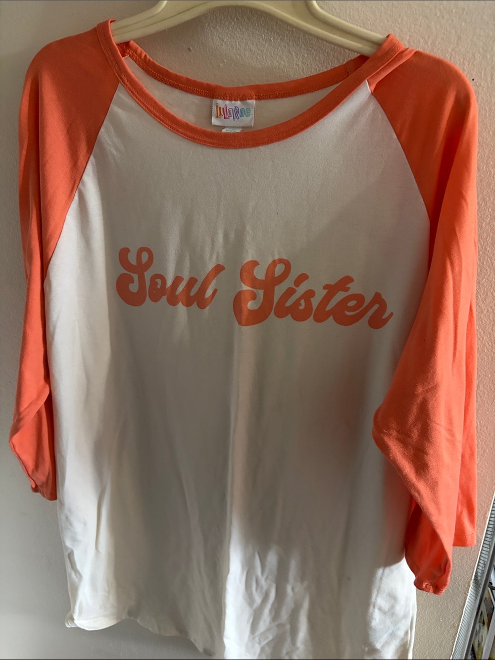 LulaRoe Soul Sister Orange & White Raglan Tee